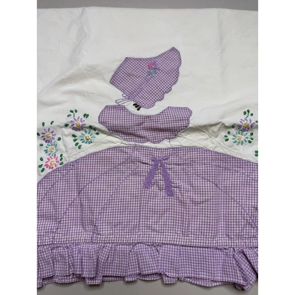 Vintage Hand Embroidered Pillowcase Purple Ruffle Trim Southern Girl (1) Flaw